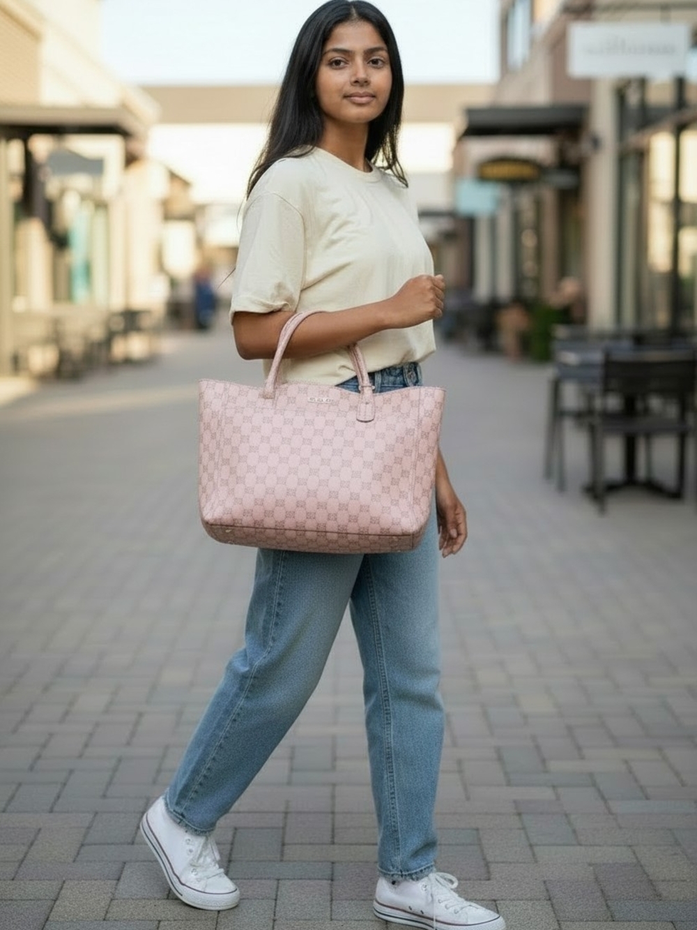 bebe  Pink Tote Bag -‎ Soft Pink Checker Pattern